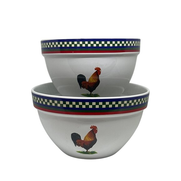 VTG International Rooster Bowls Set 2 Farmhouse Mixing & Serving Bowls 8.5" & 7" - Picture 1 of 9